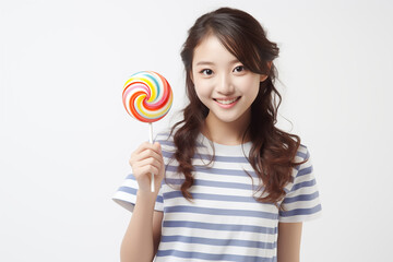 Teen pretty Japanese girl over isolated white background holding a lollipop