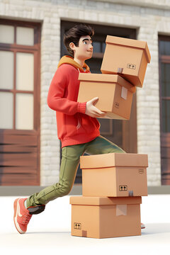 Cute funny сasual asian guy wears fashion clothes red hoodie, green jeans, brown sneakers, carries heavy cardboard boxes in hands, balances, steps over parcel with foot. 3d render isolated transparent