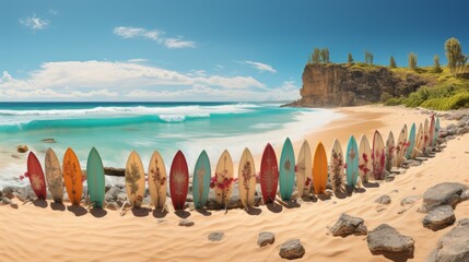 Capture a stunning panoramic view of surfboards lined up on the sun kissed beach, creating a captivating banner image.