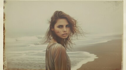 Fototapeta na wymiar Cinematic Beach Portrait: Anthropomorphic Beautiful Woman