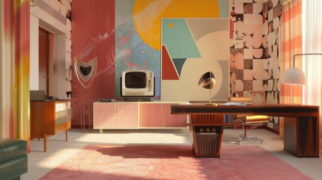 1960s space-age office with abstract art, mid-century modern furniture, and early computers, in pastel tones