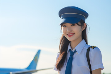 Teen pretty Japanese girl at outdoors airplane pilot