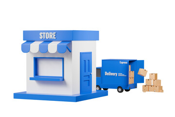 3d online shopping delivery concept. Minimal cartoon blue shop store building with truck delivery car opens back door and group of cardboard box icon symbol. 3d rendering illustration.