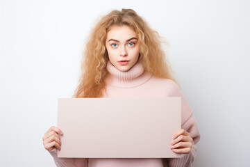 Fototapeta premium Young pretty blonde girl over isolated white background holding an empty placard