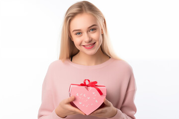 Young pretty blonde girl over isolated white background holding a gift