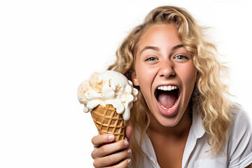 Young pretty blonde girl over isolated white background with a cornet ice cream