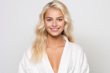 Young pretty blonde girl over isolated white background in a bathrobe