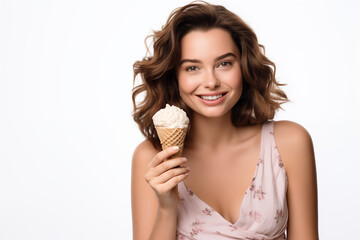 Young pretty brunette girl over isolated white background with a cornet ice cream