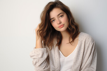 Fototapeta premium Young pretty brunette girl over isolated white background in a bathrobe