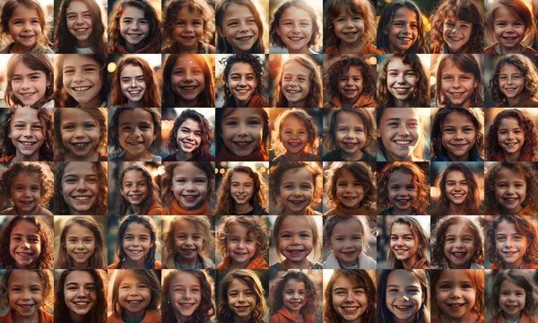  collage of European young girls smiling, collage of portrait, grid of 60 cheerful faces, group photo
