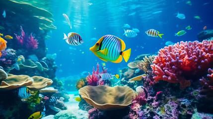 Naklejka na ściany i meble Tropical sea underwater fishes on coral reef.