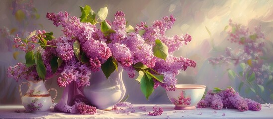 A detailed painting showcasing vibrant purple lilacs arranged in a white vase. The delicate flowers stand out against the clean white background, bringing a sense of freshness to the composition.