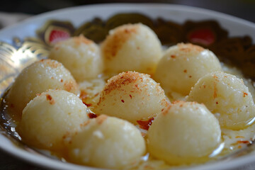 A plate of rasgulla, a syrupy dessert popular in the Indian subcontinent and regions with South Asian diaspora.