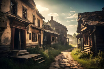 Mysterious old secret town abandoned house at sunset generative AI photo.
 - obrazy, fototapety, plakaty