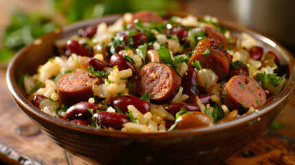 Hearty homemade red beans and rice dish with sausage - obrazy, fototapety, plakaty