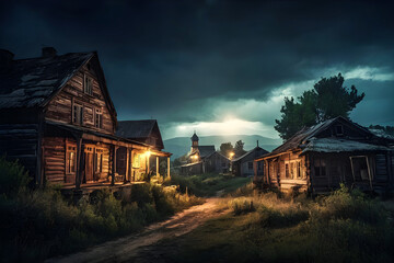 Mysterious old secret town abandoned house at sunset generative AI photo.
