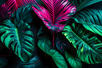 Tropic leaves seamless pattern in neon colors generative ai photo.


