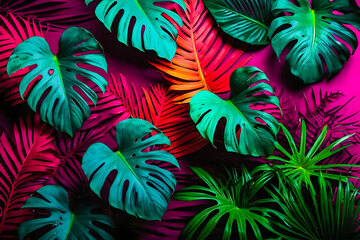 Fototapeta na wymiar Tropic leaves seamless pattern in neon colors generative ai photo.