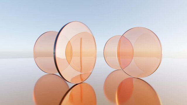 Dynamic Geometric Glass Disks: Abstract 3D Animation of Rotating Circular Plates on Mirrored Surface, Orange Glass