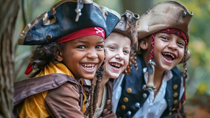 Kids dressed up as pirates enjoying a happy children's pirate birthday party filled with adventure, fun, and excitement