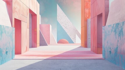 Abstract architecture with colorful geometric shapes and textured surfaces. Pastel color palette in a surreal landscape. Creative concept for modern design.