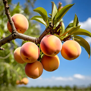 Sweet peach fruits are growing on a peach tree branch in an orchard.