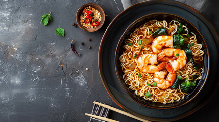 asian food. shrimp with noodles and vegetables in a black plate. top view. free space for your text.