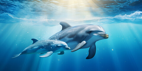  Group of dolphins under the sea Undersea animals Delphinus in clean blue water background and wallpaper
