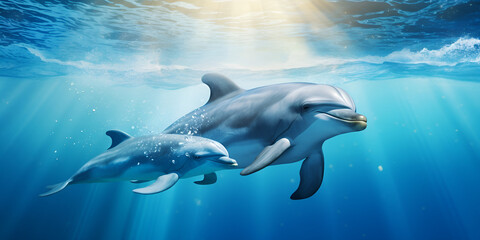Naklejka premium Group of dolphins under the sea Undersea animals Delphinus in clean blue water background and wallpaper
