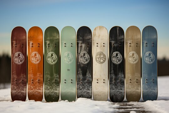 An image featuring a row of snowboards standing in the snow.