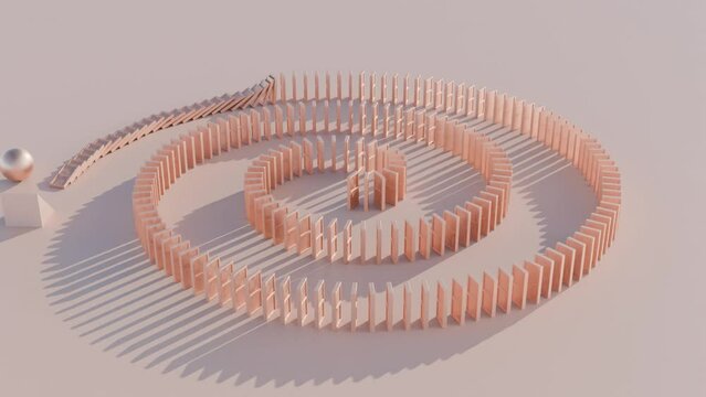 Dynamic Geometric Domino Effect: Abstract 3D Animation of Domino Tiles Set in Spiral, Toppled by Rolling Ball
