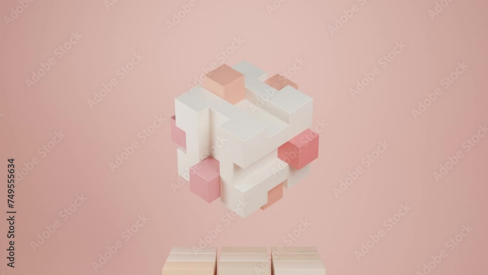 Poster dynamic geometric cube runnels: abstract 3d animation of cube with chutes, smaller cubes gliding dow