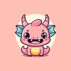 Cute Kawaii Dragon Vector Clipart Icon Cartoon Character Icon on a Pale Pink Background