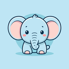 Cute Kawaii Elephant Vector Clipart Icon Cartoon Character Icon on a Baby Blue Background