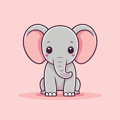 Cute Kawaii Elephant Vector Clipart Icon Cartoon Character Icon on a Pale Pink Background