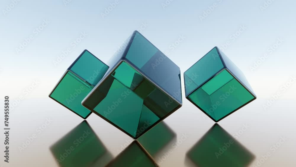 Aufkleber dynamic geometric cubes: abstract 3d animation of rotating transparent green glass cubes on mirrored