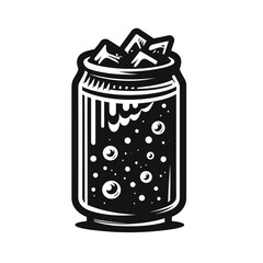 Cold cola jar with ice cubes. Black and white vector illustration, beverage drink icon design, generative ai - obrazy, fototapety, plakaty
