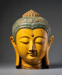 Fototapeta na wymiar Antique wooden head reminiscent of a young Buddha.