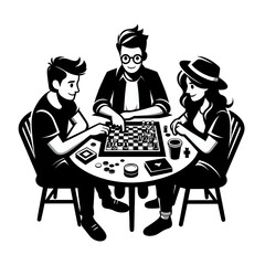 Group of friends playing chess. Vector illustration in black and white colors, generative ai
