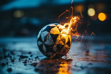 A soccer ball engulfed in flames and lightning streaking through the night sky against a backdrop of blue and orange - obrazy, fototapety, plakaty