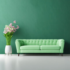 A modern green sofa on the background of a wall with a vase for flowers, an advertisement for a furniture store