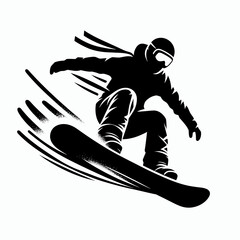 Snowboarder jumping on a snowboard, black and white vector illustration, skiing sport icon, generative ai