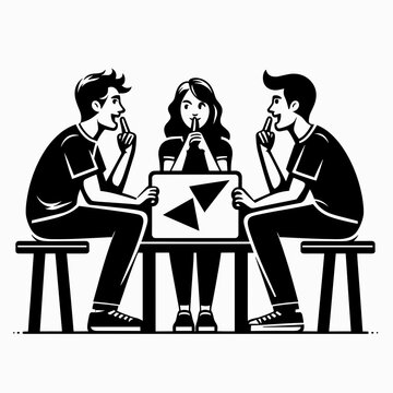 Group of friends playing Pictionary, Cartoon vector illustration, black and white friends icon, generative ai
