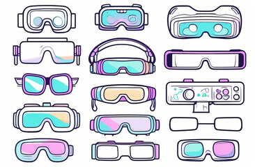 Set Virtual reality. Seamless background, wallpaper, texture, backdrop pattern. Set of doodle cartoon icons geek, nerd, gamer. Template for packing, printing, cards, invitation, web design