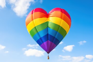 Colorful hot air balloon in the shape of a heart on blue sky background. LGBT Concept with Copy Space. Pride Month Concept. - obrazy, fototapety, plakaty