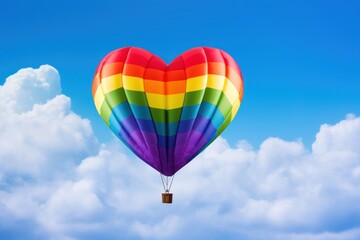 Colorful hot air balloon in the shape of a heart flying in the blue sky. LGBT Concept with Copy Space. Pride Month Concept. LGBT Concept with Copy Space. Pride Month Concept. - obrazy, fototapety, plakaty