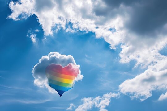 Rainbow heart shaped balloon flying in the blue sky with white clouds. LGBT Concept with Copy Space. Pride Month Concept.