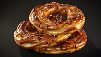 Freshly baked twisted pretzels on dark background