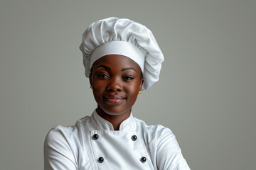 Young african american female chef in white uniform and hat.