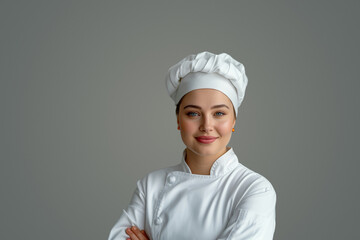 portrait of a beautiful female chef in a white uniform on a gray background